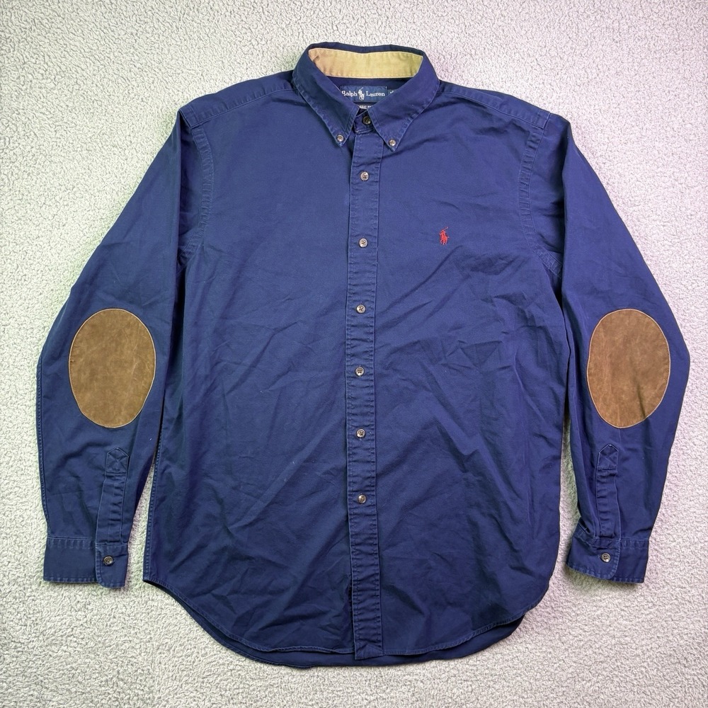 Polo Ralph Lauren Button Down Shirt Mens L Navy Blue Leather Elbow Patch